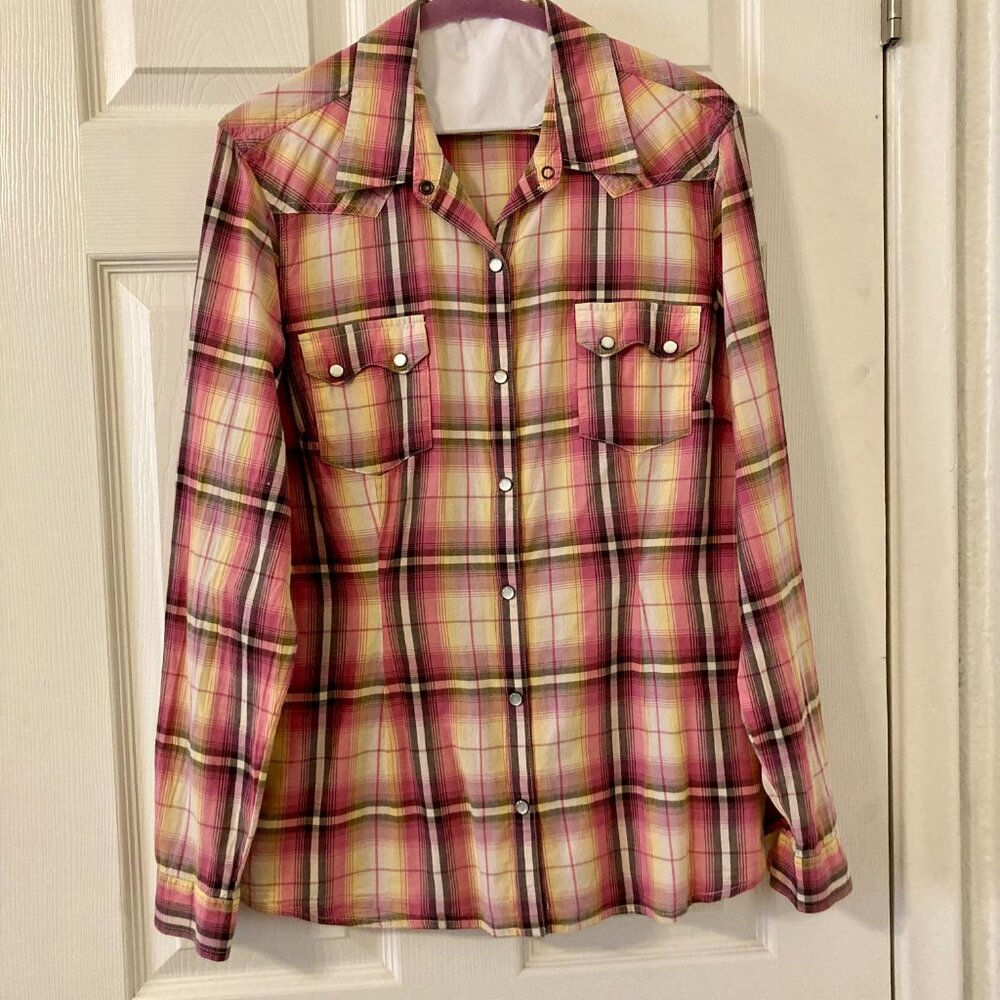 Excellent Condition, SZ L, 100% COTTON, Plaid Blouse, Pinks